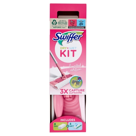 Swiffer Dry+Wet Kit Scopa +8 Panni Cattura Polvere +3 Panni Lavapavimenti Wet limited edition